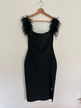 Off Shoulder Feather Bodycon Side Split Party Club Bandage Midi Dress